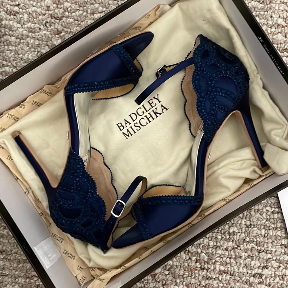 Badgley Mischka ‘Roxy’ Ankle Strap Evening Shoe, Navy Satin, 7.5